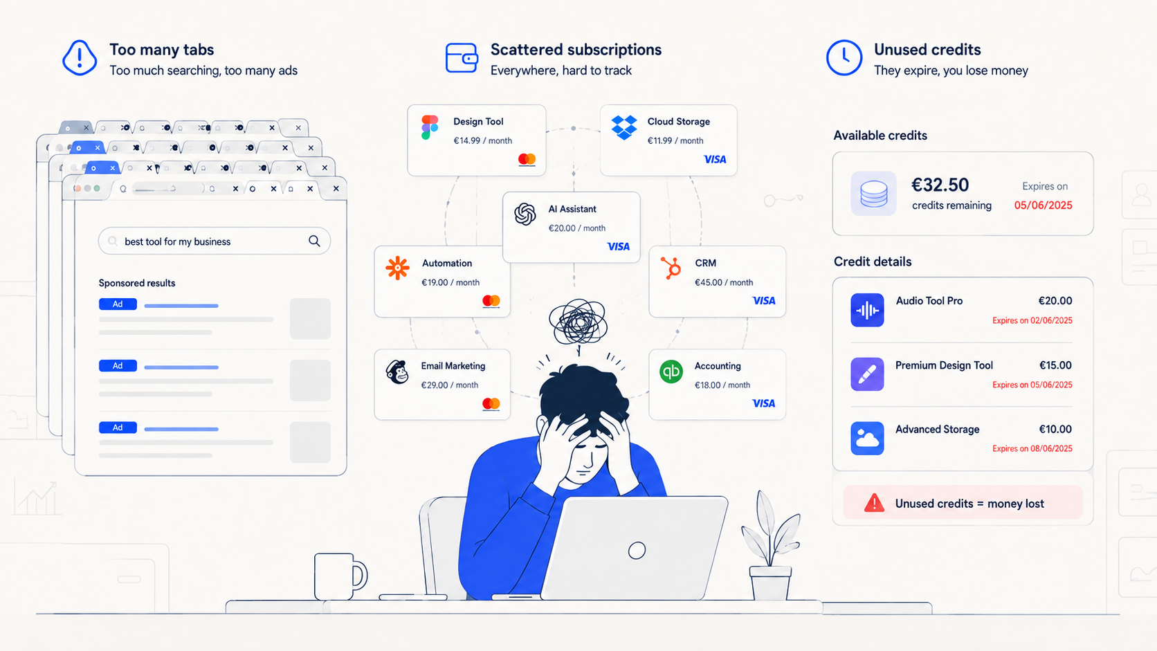 Illustration of a stressed person facing scattered subscriptions, sponsored results and expiring credits.
